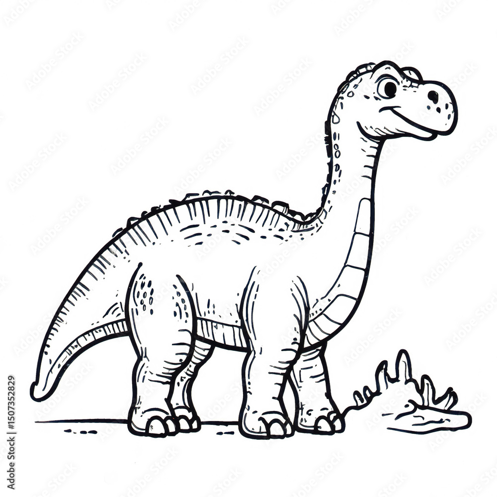 Naklejka premium Funny Dinosaur Cartoon Illustration for Children's Coloring Book - Whimsical Prehistoric Saurian Character Drawing in Black and White Sketch Style