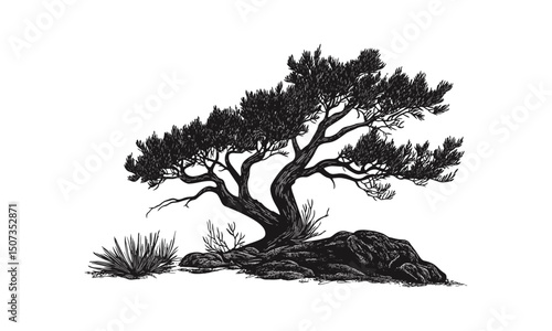 Juniper Tree Minimal Art Pack in Dry Desert Theme, wild tree, tree clipart, forest silhouette, natural art, engraving style, vector illustration, wilderness, rustic tree, cutout.