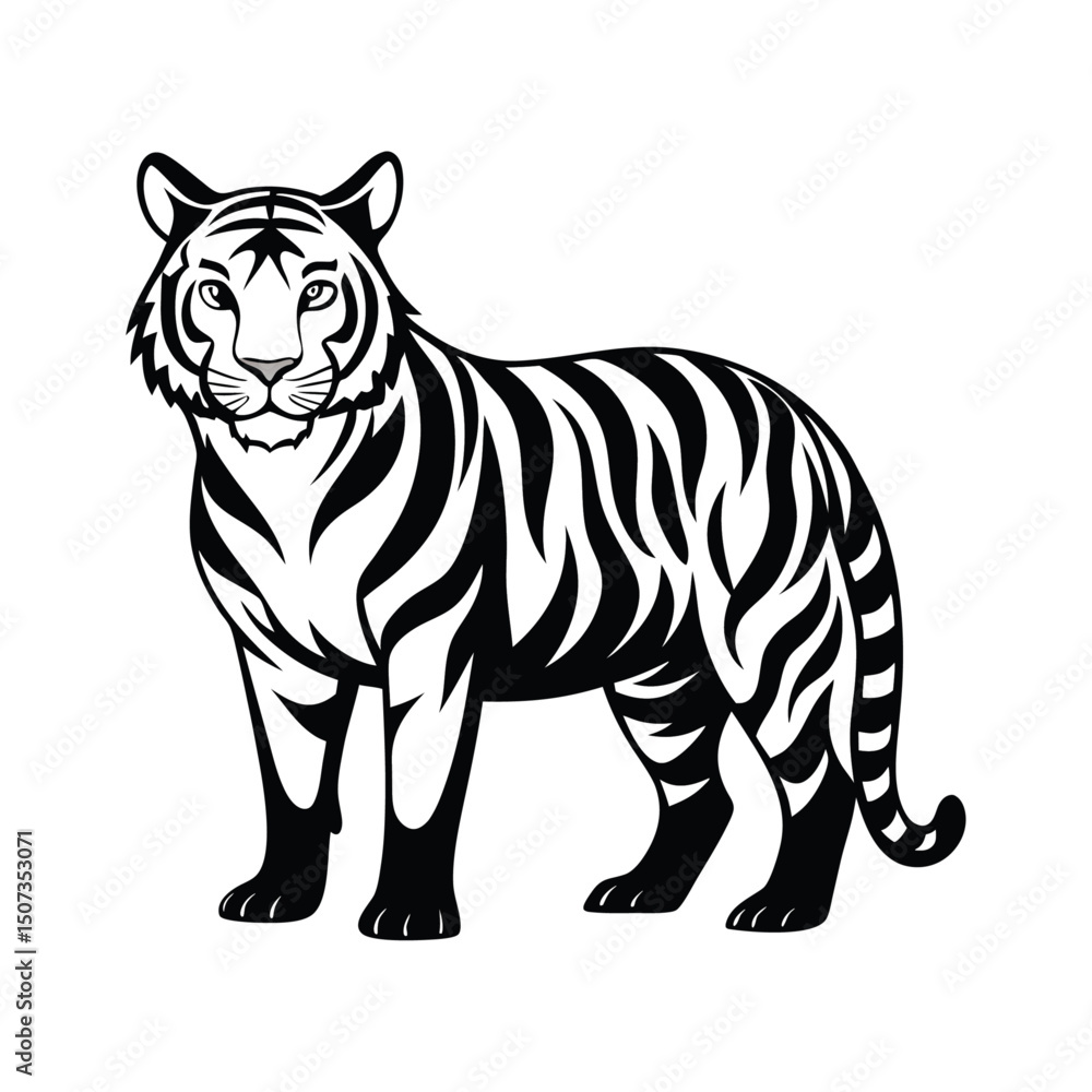 Obraz premium White tiger vector illustration with black stripes on a white background, a wild feline mammal