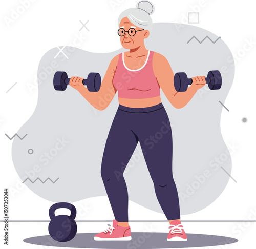 Senior woman exercising with dumbbells and kettlebell for healthy active lifestyle vector illustration 