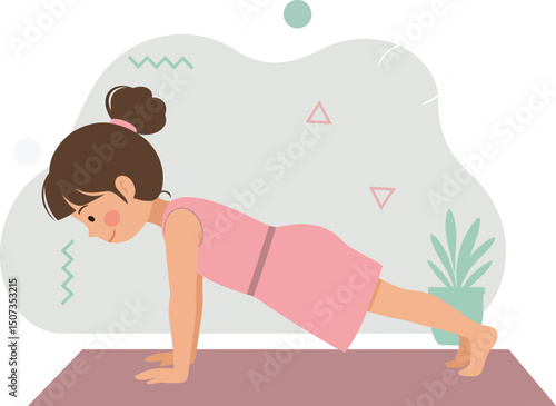 Girl doing plank exercise on yoga mat in calm indoor setting with plant decoration