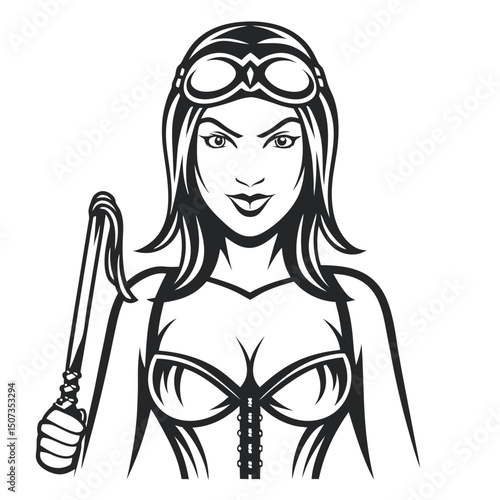 Empowered Woman: Confident Figure in Corset and Goggles, Holding Whip Illustration                                                                    