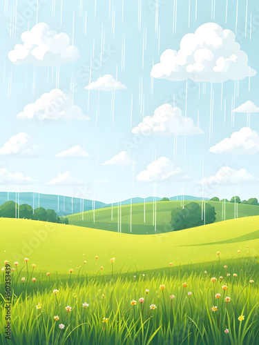 Rainy green field, Rainy landscape, Rain in meadow, Green field in rain, Wet grassland, Rain clouds over field, Drizzling field scene, Misty green field, Rainy nature scene, Lush rainy field, Rainy co