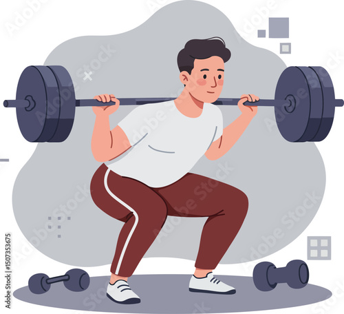 Man performing barbell squat exercise in gym workout for strength and fitness training vector illustration 