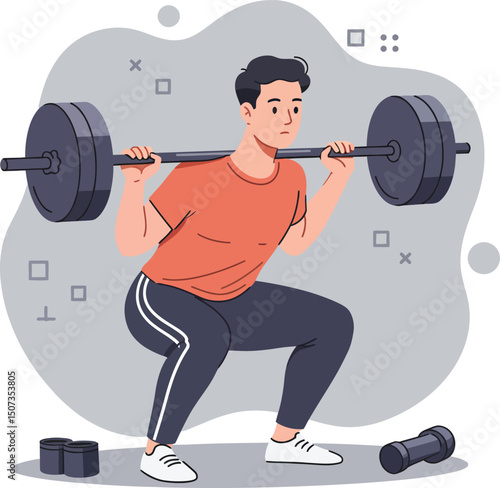 Man performing barbell squat exercise for strength training and fitness workout routine in gym environment 