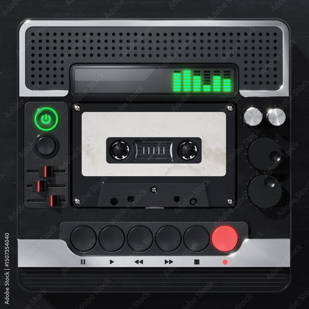 Fototapeta premium Retro tape cassette in the futuristic audio player mockup. 3D rendering