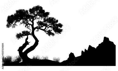 Wild forest with Juniper tree silhouette, desert landscape, black tree vector illustration, natural organic design, wilderness nature scene, scenic outdoors, environmental artwork.