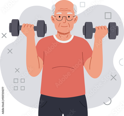 Elderly man lifting dumbbells in casual workout clothing for senior fitness and healthy lifestyle activity vector illustration 