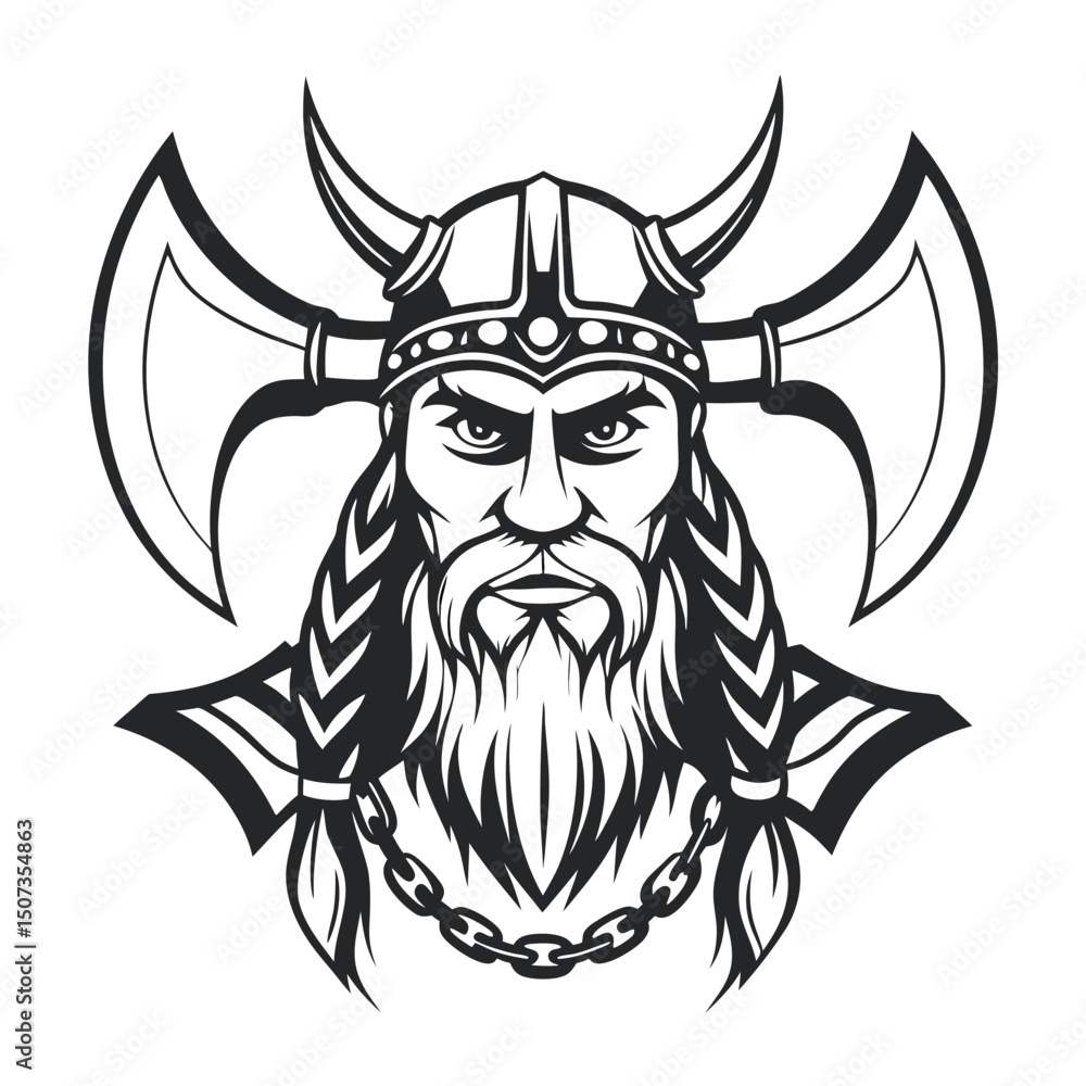 Fototapeta premium Monochrome Viking Warrior Portrait with Horned Helmet and Axes Illustration 