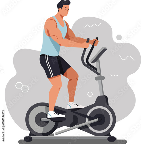 Man Exercising on Elliptical Trainer in Gym Fitness Workout Health Activity Vector Illustration 