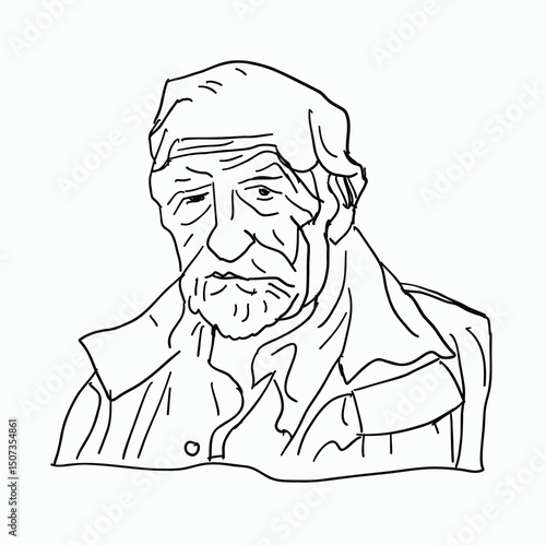 black and white line. old man in white turban. Cartoon Style Illustration