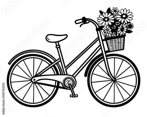 Black and white illustration of a bicycle with a basket full of beautiful daisy flowers ready for a ride.