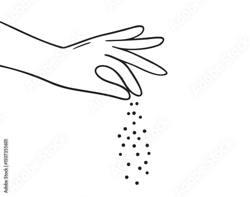 Hand sprinkle icon doodle hand drawn. Sprinkling hand gesture. Adding salt or pepper, spice to food. Outline line drawing clipart symbol