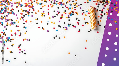 Colorful confetti pieces scattered on a clean white surface, creating a festive and lively mood in the scene