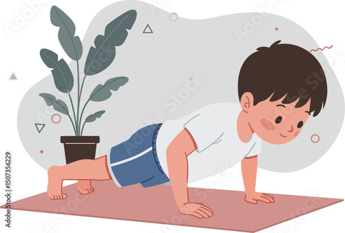 Boy exercising on yoga mat indoors doing push ups with plant in background vector illustration 