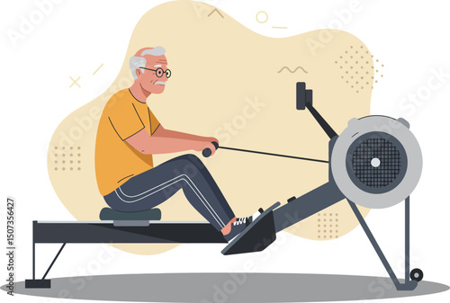 Elderly Man Exercising on Rowing Machine in Home Gym for Healthy Lifestyle and Fitness Routine 