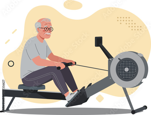 Elderly man exercising on rowing machine indoor fitness workout vector illustration 