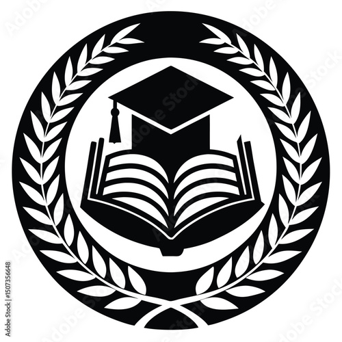Classic emblem depicting education using graduation cap open book and laurel wreath in black and white