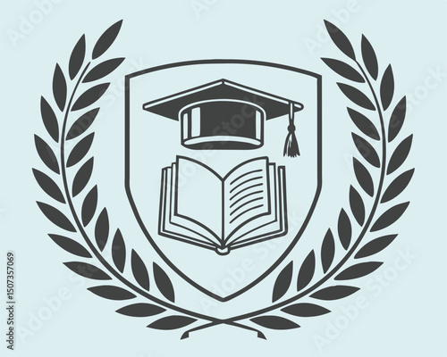 Elegant emblem symbolizing education with graduation cap and open book surrounded by laurel wreath.