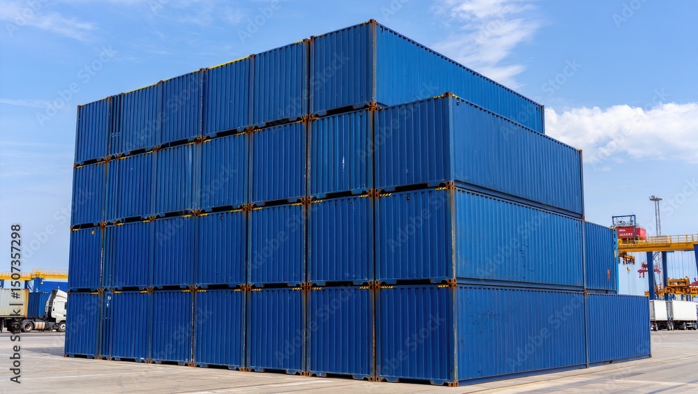 Fototapeta premium Stack of Blue Cargo Shipping Containers at a Port