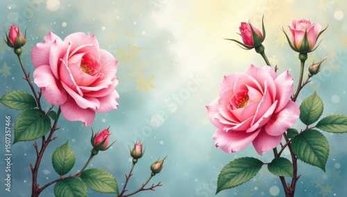 Delicate watercolor rose buds, climbing vines , pastel, mural