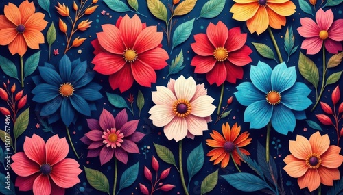 Abstract floral tapestry, vibrant hues, repeating design , vintage, illustration