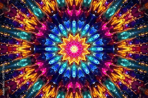 Symmetrical kaleidoscope with radiating lines and vibrant colors, vintage, optical, form