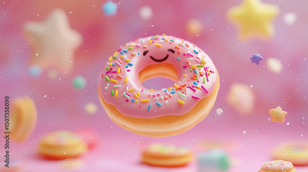 A doughnut with colorful sprinkles and a cute smiley face character A doughnut with colorful sprinkles and a cute smiley face character