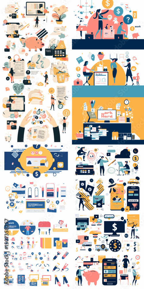 Fototapeta premium Financial and Business Illustrations: A collection of diverse illustrations and graphics representing various aspects of finance, business, and economic concepts.