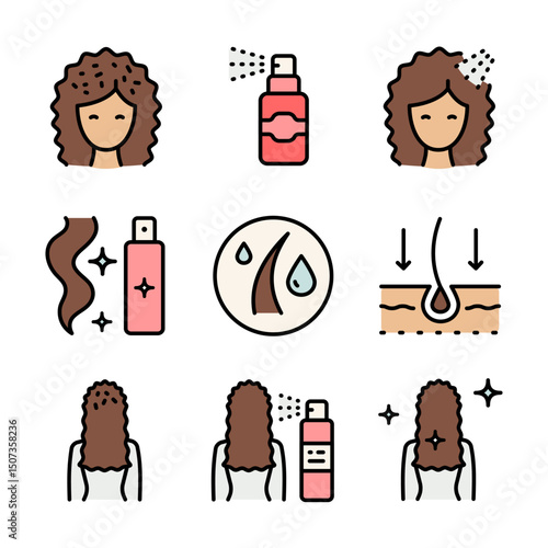 Curly Hair Care Products color icons set. Curly Method. Hairstyle fixation spray, washing hair routine. Woman beauty salon. Shampoo, dry shampoo, dye conditioner. Head with health hair, haircut or hai