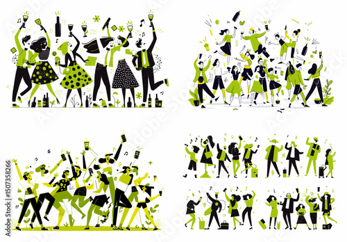 Celebration Collage: A vibrant collage depicting four lively scenes of celebratory people dancing, drinking, and joyfully interacting.  Perfect for illustrating themes of fun, togetherness.