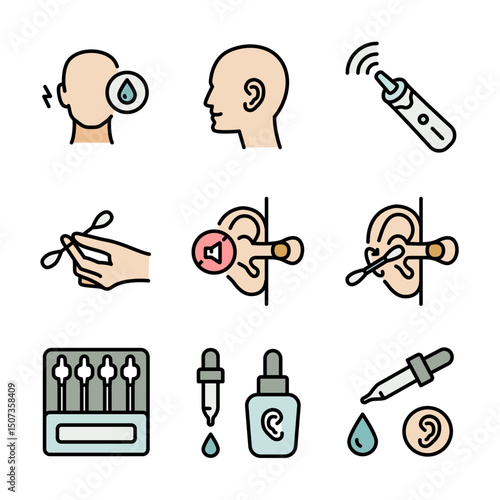 Personal hygiene routine and care. Removing cerumen, otitis treatment with medical drops. Ear canal cleaning color icons set. Hearing protection