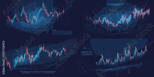 Financial Data Visualization: Intriguing composition of stock market charts, showcasing market trends and fluctuations, with a sophisticated touch of digital artistry.
