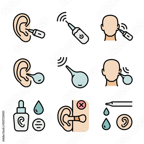 Hearing protection color icons set. Ear canal cleaning icons collection. Essential icons representing various ear treatments and care, including cleaning and medication.