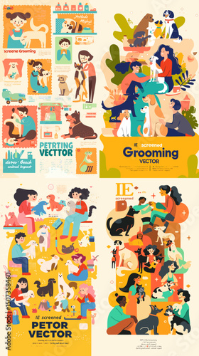 Dog's Care vector: An engaging vector illustration that depicts the various aspect of the dog's care, featuring vibrant scene that focus on grooming, Petting, taking care and activities of the pets. 