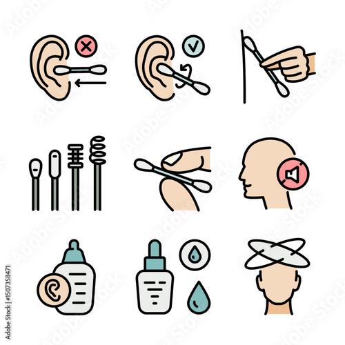 Personal hygiene routine and care. Removing cerumen, otitis treatment with medical drops. Ear canal cleaning color icons set. Human ears with cotton swab. Hearing protection. Vector illustration.