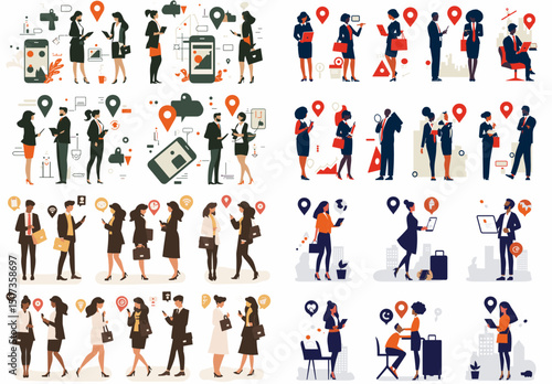 Digital Connection: An illustration that showcases a diverse group of individuals engrossed in their smartphones. This image represents the modern reliance on technology for connection.