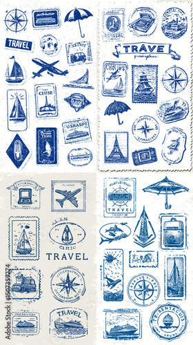 Travel Stamps Collection: A diverse collection of artistic travel stamps, offering a glimpse of journeys, exploration, and the allure of global adventures, perfect for travel-themed designs.