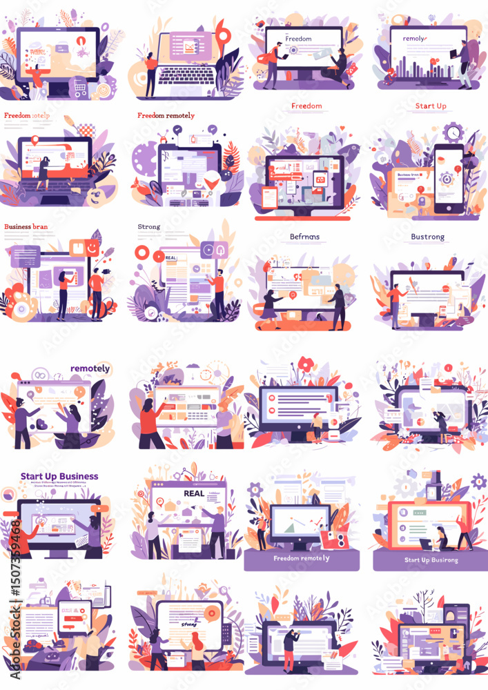 Tech Startup Elements: A vibrant compilation of tech startup elements, encompassing digital interfaces, mobile apps, and business processes.