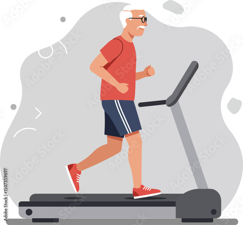 Older man exercising on treadmill in sportswear for healthy lifestyle and fitness routine vector illustration 