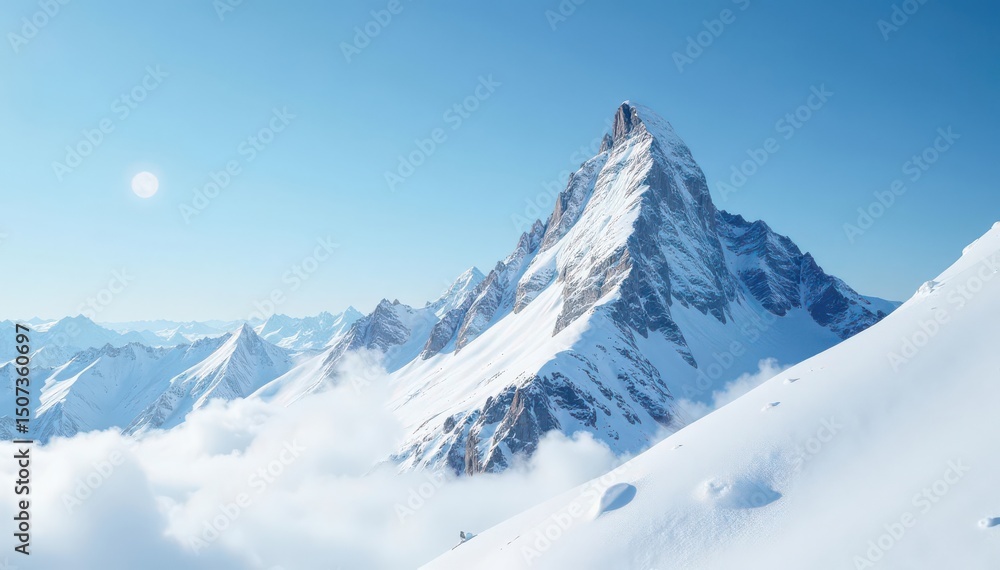Snow-covered mountain peak, pristine white scene, photography, minimal, peaceful Snow-covered mountain peak, pristine white scene, photography, minimal, peaceful
