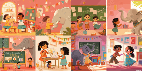 Learning Together: Children engaging with an elephant in a bright classroom setting, fostering curiosity and education. The image captures the essence of learning, companionship.