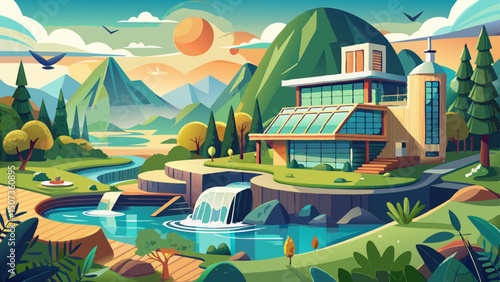 An eco-friendly retreat nestled in a scenic landscape showcases sustainable living with rainwater harvesting systems, blending natural beauty with modern green innovation for a harmonious and responsi
