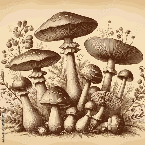 Monochrome illustration of assorted mushrooms with detailed textures and vintage style