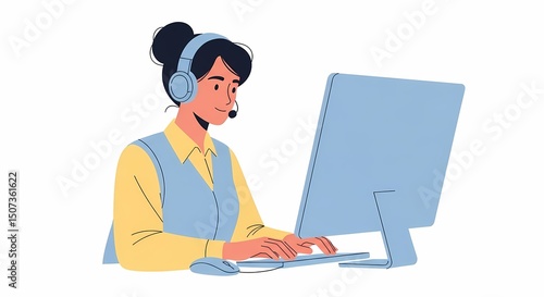 Woman Working at Computer with Headset Providing Customer Support