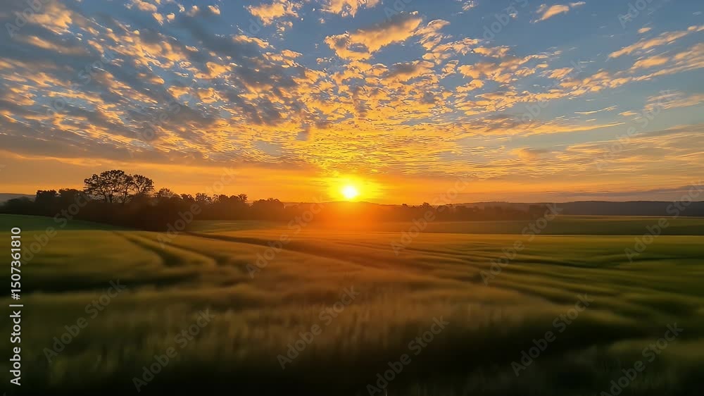 Golden Sunset over Green Field Landscape with Cloudy Sky Rural Scene at Dawn with Warm Light and Vibrant Colors over Agricultural Land