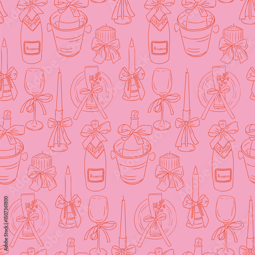 Romantic seamless pattern with wine glasses, candles, plates and gift bows in hand drawn vector style. Represents wedding, celebration and festive table setting concept