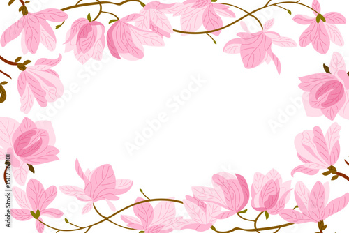 Pink magnolia flowers on branches forming a frame in hand drawn vector style. Represents spring, elegance and floral beauty concept with space for text