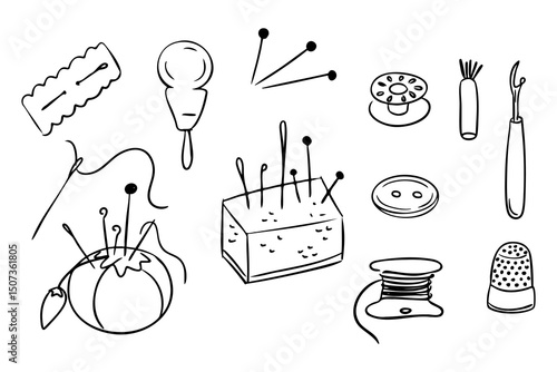 Collection of hand drawn sewing tools including needles, thread, thimble and pins in vector doodle style. Represents crafting, tailoring and needlework concept