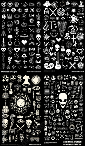 Ornate Gothic Ornament: a compilation of esoteric, ornate design elements, imbued with gothic flair, rendered in striking monochrome for a versatile graphic appeal.